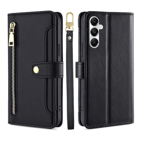 Funda de Cuero para Samsung Galaxy A05S 4G Lite con Billetera y Cremallera con Textura de Oveja (Negro)