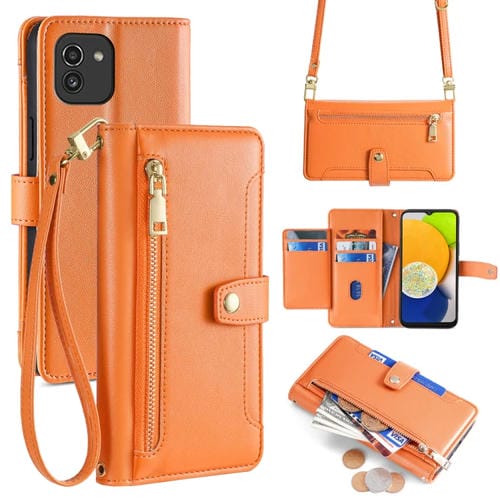 Funda para Samsung Galaxy A03 Cuero con Billetera Cremallera Cuerpo Cruzado Textura Oveja (Naranja)