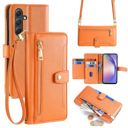 Funda para Samsung Galaxy A54 5G Cuero con Billetera y Cremallera Cuerpo Cruzado Textura Oveja (Naranja)