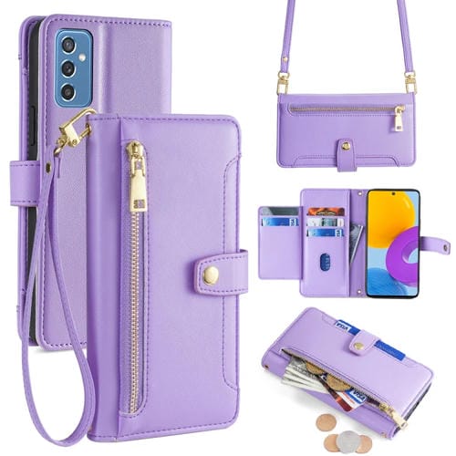 Funda para Samsung Galaxy M52 5G Cuero Billetera Cremallera Cuerpo Cruzado Textura de Oveja (Púrpura)