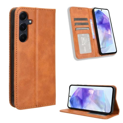 Funda para Teléfono Samsung Galaxy A35 5G Cuero Textura Retro Hebilla Magnética (Marrón)