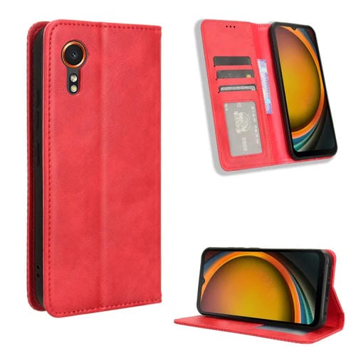 Funda para Teléfono Samsung Galaxy Xcover 7 Cuero Textura Retro con Hebilla Magnética (Rojo)