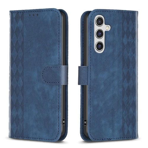Funda de Cuero para Samsung Galaxy A35 con Relieve a Cuadros (Azul)