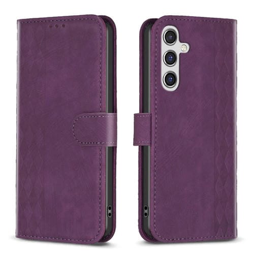 Funda de Cuero Samsung Galaxy A55 con Relieve a Cuadros (PĂșrpura)