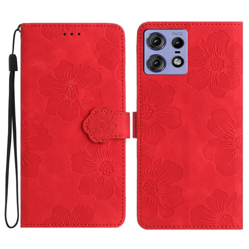 Funda de Cuero con Estampado de Flores en Relieve para Motorola Edge 50 Pro (Rojo)