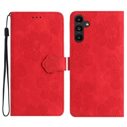 Funda de Cuero para Samsung Galaxy A15 con Estampado de Flores (Rojo)