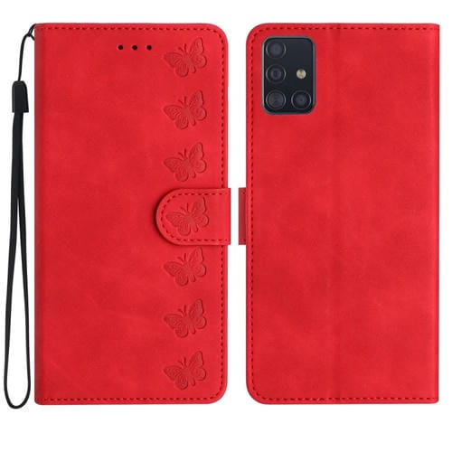 Funda para Samsung Galaxy A51 Seven Butterflies Caja de Teléfono de Cuero En Relieve (Rojo)