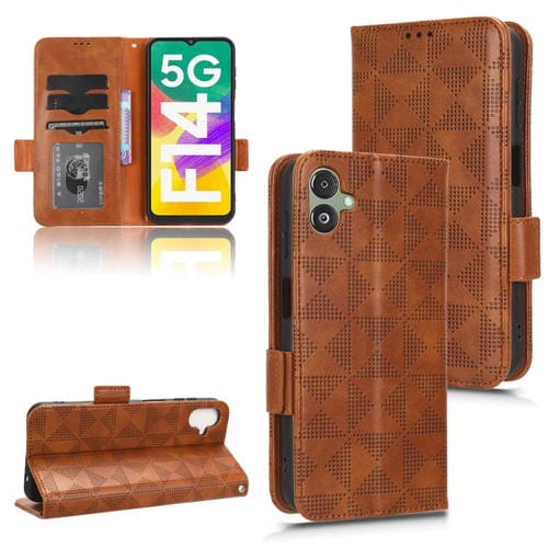Funda de teléfono Samsung Galaxy F14 Cuero Patrón triángulo simétrico (Marrón)