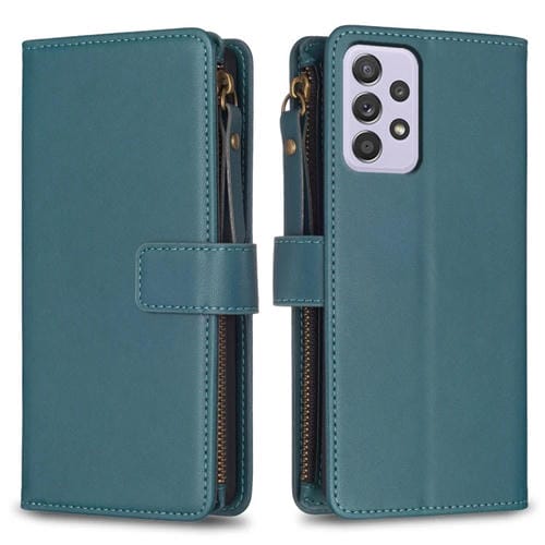 Para Samsung Galaxy A52 9 Ranuras para tarjetas Cremallera Cartera Funda de cuero con tapa para teléfono (Verde)