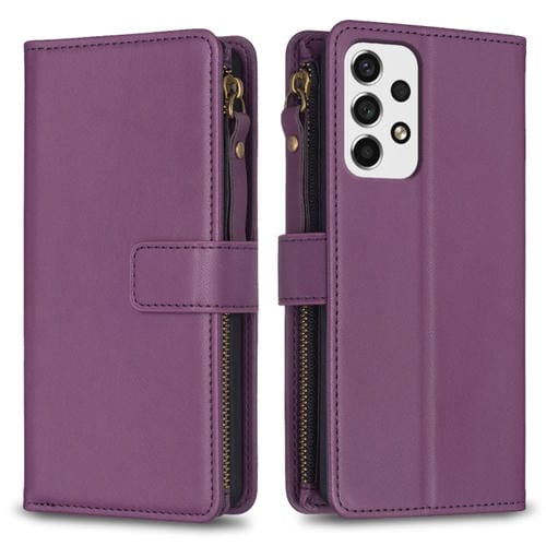 Para Samsung Galaxy A53 9 Ranuras para tarjetas Cremallera Cartera Funda de cuero con tapa para teléfono (Morado oscuro)
