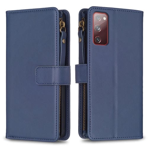 Para Samsung Galaxy S20 FE 9 Ranuras para tarjetas Cremallera Cartera Funda de cuero con tapa para teléfono (Azul)