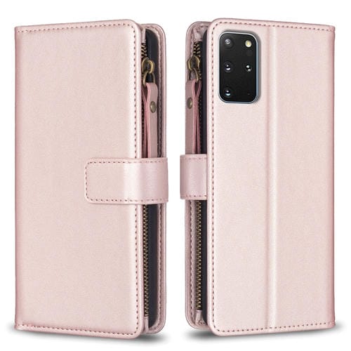 Para Samsung Galaxy S20+ 9 Ranuras para tarjetas Cremallera Cartera Funda de cuero con tapa para teléfono (Oro rosa)