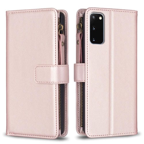 Para Samsung Galaxy S20 9 Ranuras para tarjetas Cremallera Cartera Funda de cuero con tapa para teléfono (Oro rosa)