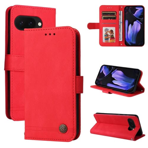 Funda de Cuero con Botones de Metal y Árbol de la Vida para Google Pixel 9A (Rojo)