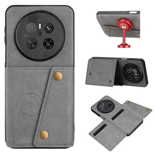 Funda Magnética para Huawei Mate 70 con Ranuras para Tarjetas y Doble Hebilla (Gris)