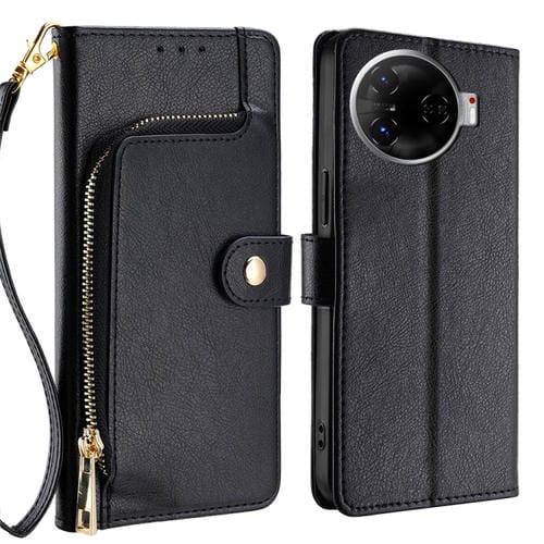 Funda de Cuero con Cremallera para Teléfono Tecno Camon 30 Pro 5G (Negro)