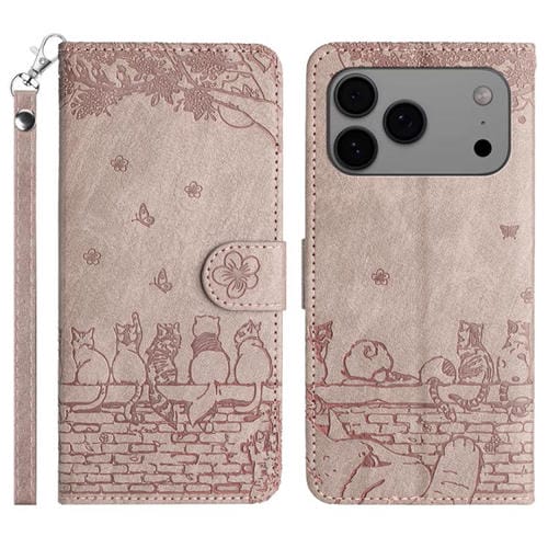 For iPhone 17 Pro Cat Embossing Pattern Leather Phone Case with Lanyard(Grey)