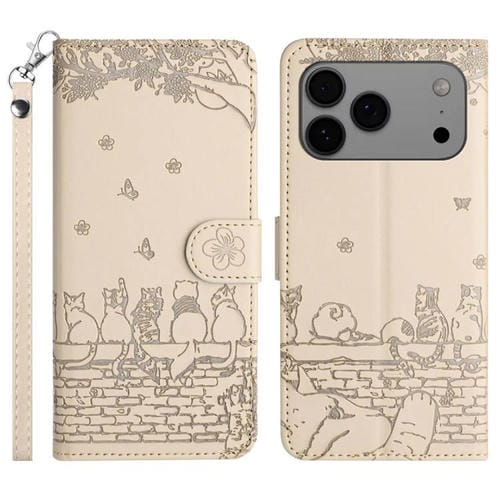 Funda de piel con estampado de gato y cordón para iPhone 17 Pro (beige)