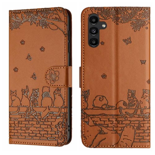 Funda de Cuero Samsung Galaxy A15 Estampado de Gato con Cordón (Marrón)