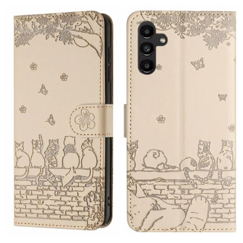 Funda de Cuero Samsung Galaxy A15 Estampado de Gato con Cordón (Beige)