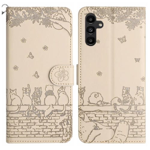 Funda para Samsung Galaxy A15 5G Cuero Estampado de Gato con CordĂłn (Beige)