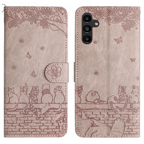 Funda para Samsung Galaxy A35 Cuero Estampado de Gato con CordĂłn (Gris)