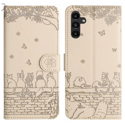 Funda de Cuero Samsung Galaxy A55 Estampado de Gato y CordĂłn (Beige)