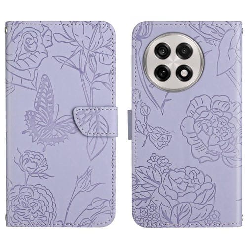 Funda de Piel con Relieve Peonía y Mariposa para OnePlus 13 (Morado)