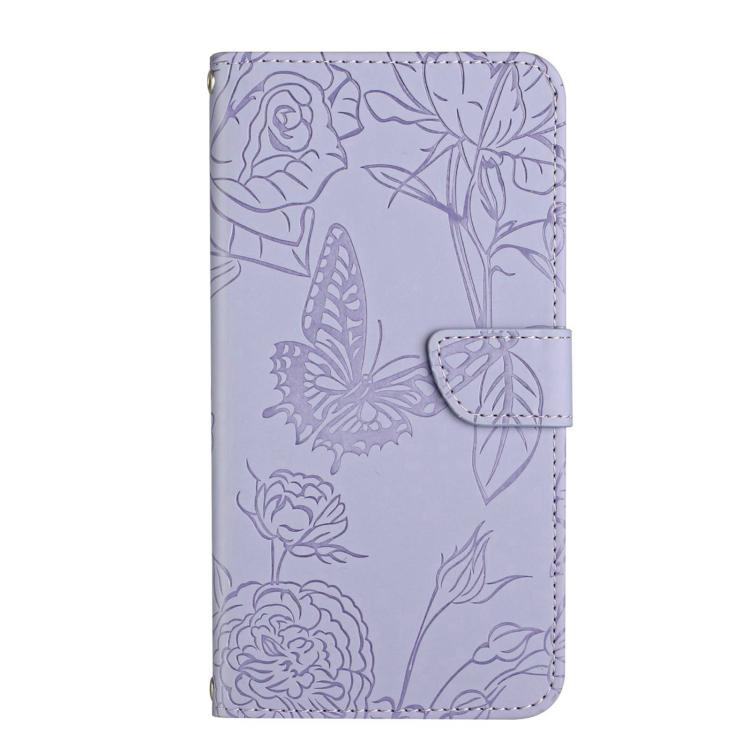 Funda de Piel con Relieve Peonía y Mariposa para OnePlus 13 (Morado)
