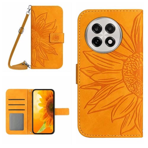 Funda de Piel con Relieve de Girasol para OnePlus 13R (Amarillo)