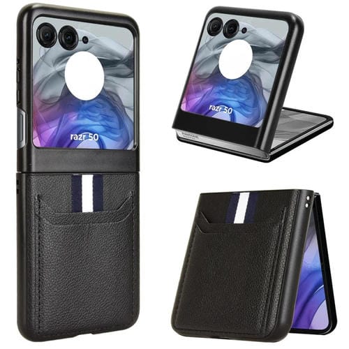 Funda para Teléfono Motorola Razr 50 con Ranura para Tarjeta y Textura de Lichi (Negra)