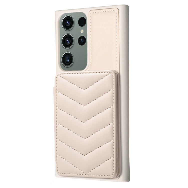 Para Samsung Galaxy S23 Ultra 5G BF26 Wave Pattern Card Bag Holder Phone Case (Beige)