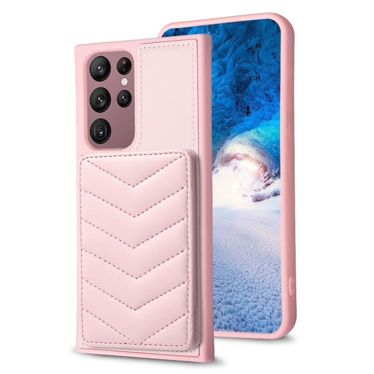 Para Samsung Galaxy S22 Ultra 5G BF26 Wave Pattern Card Bag Holder Funda para teléfono (rosa)
