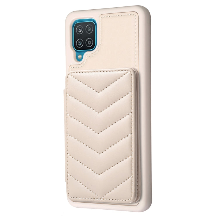 Para Samsung Galaxy A12 BF26 Wave Pattern Card Bag Holder Phone Case (Beige)