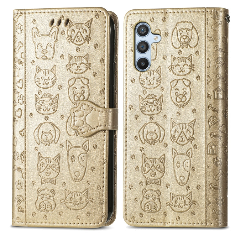 Para Samsung Galaxy A54 5G Cat and Dog Estuche de cuero en relieve para teléfono (Oro)