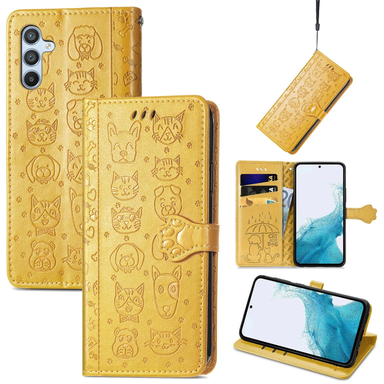Para Samsung Galaxy A54 5G Cat and Dog Estuche de teléfono de cuero en relieve (Amarillo)