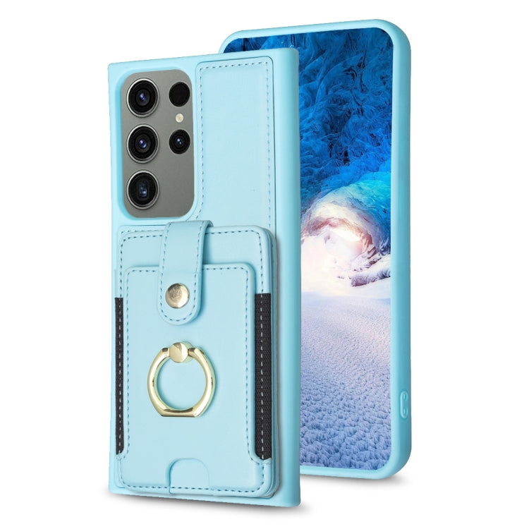 Para Samsung Galaxy S23 Ultra 5G BF27 Anillo de metal Tarjeta Bolsa Titular Caja del teléfono (Azul)