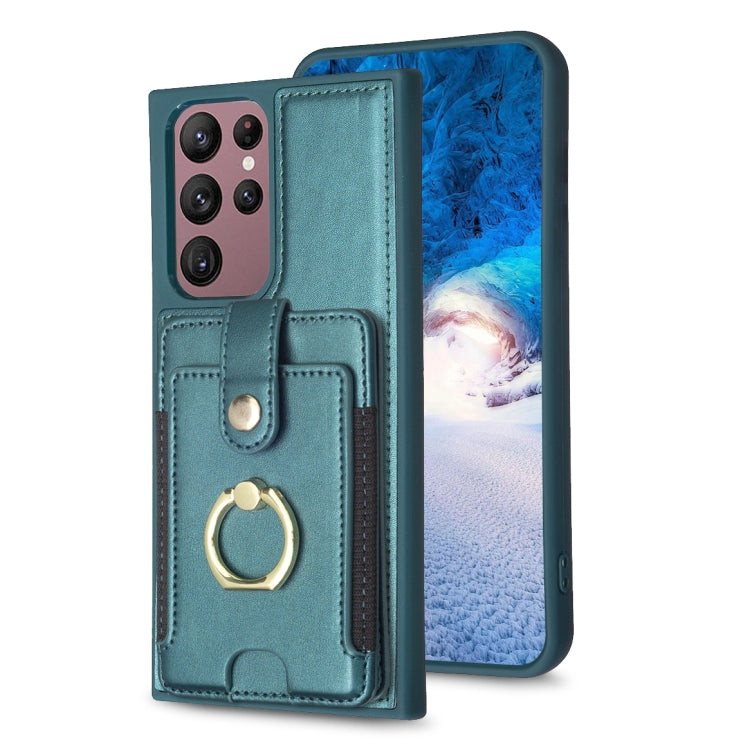 Para Samsung Galaxy S22 Ultra 5G BF27 Anillo de metal Tarjeta Bolsa Titular Caja del teléfono (Verde)