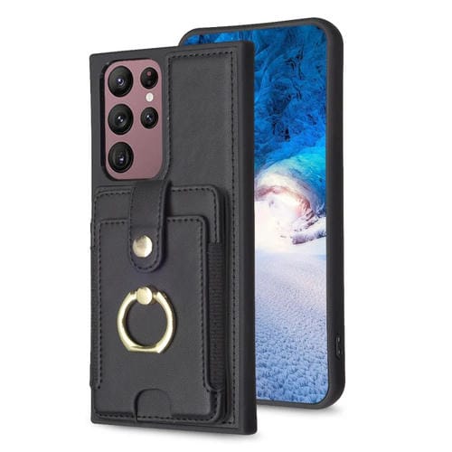 Para Samsung Galaxy S22 Ultra 5G BF27 Anillo de metal Tarjeta Bolsa Titular Caja del teléfono (Negro)