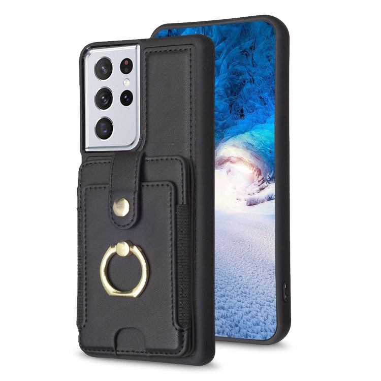 Para Samsung Galaxy S21 Ultra 5G BF27 Anillo de metal Tarjeta Bolsa Titular Caja del teléfono (Negro)