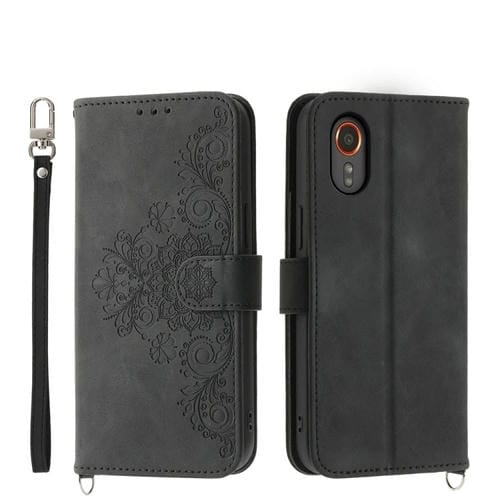 Funda para Samsung Galaxy Xcover 7 Cuero con Billetera En Relieve y Flores (Negro)