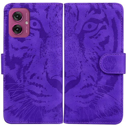 Funda de Cuero para Motorola Moto G55 con Estampado de Tigre (Morado)