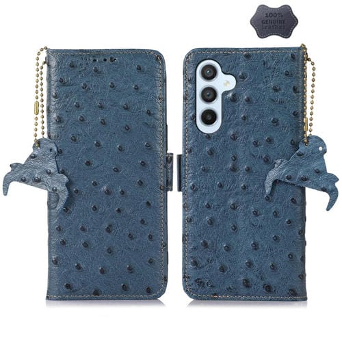 Funda para Teléfono Samsung Galaxy A35 5G Cuero Genuino Patrón Avestruz (Azul)