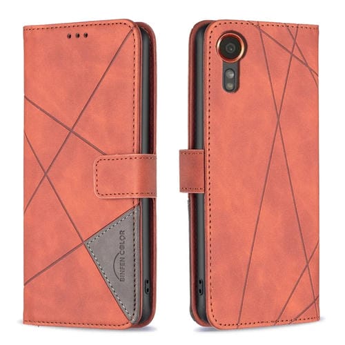 Funda para Teléfono Samsung Galaxy Xcover 7 Cuero Textura de Rombo Hebilla Magnética (Marrón)