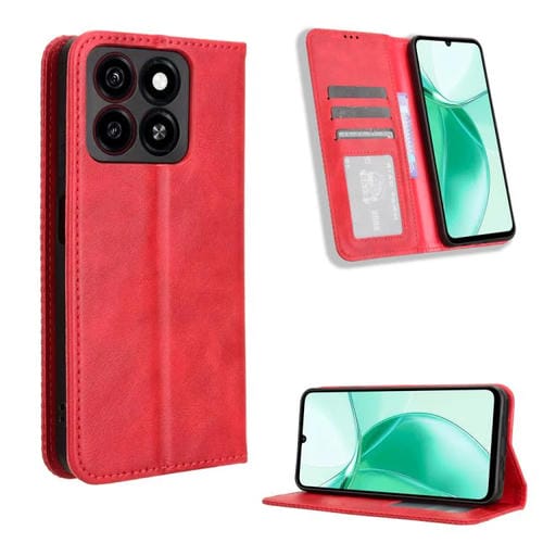 Funda de Cuero para ZTE Blade A35 con Textura Retro y Hebilla Magnética (Roja)