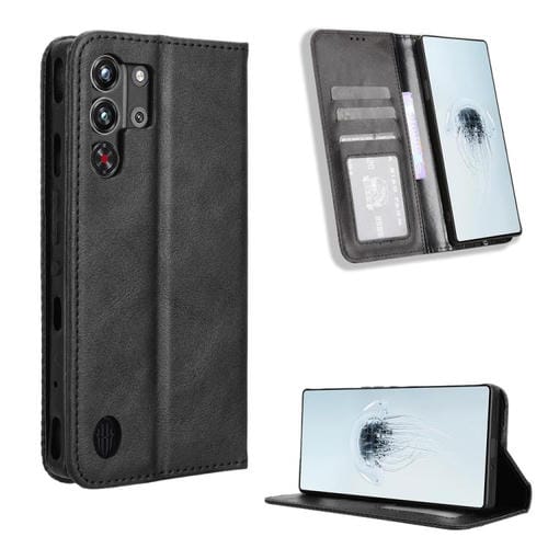 Funda Cuero ZTE Nubia Red Magic 10 Pro/10 Pro+ Textura Retro Hebilla Magnética (Negro)