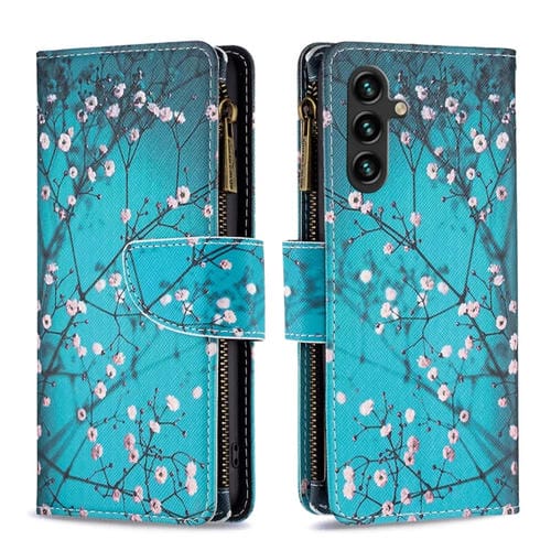 Funda de Cuero Samsung Galaxy A55 con Cremallera y Patrón Flor de Ciruelo
