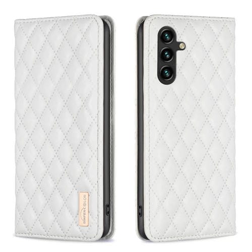 Funda para Teléfono Samsung Galaxy A55 con Tapa de Cuero Magnético Diamond Lattice (Blanco)