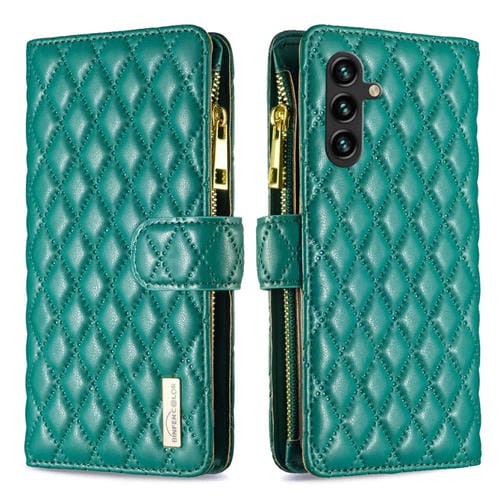 Funda para Samsung Galaxy A35 Diamond Lattice Zipper Wallet de Cuero con Tapa (Verde)