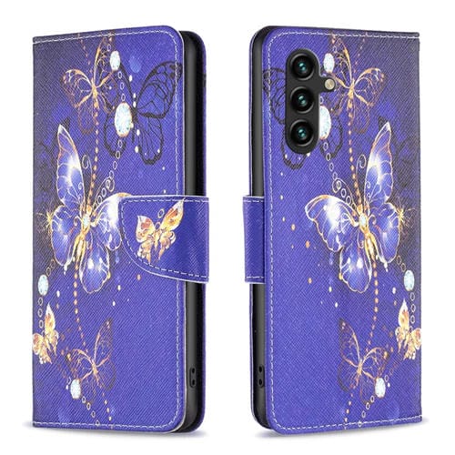 Funda de Cuero Samsung Galaxy A55 con Patrón de Dibujo de Colores (Mariposa Púrpura)